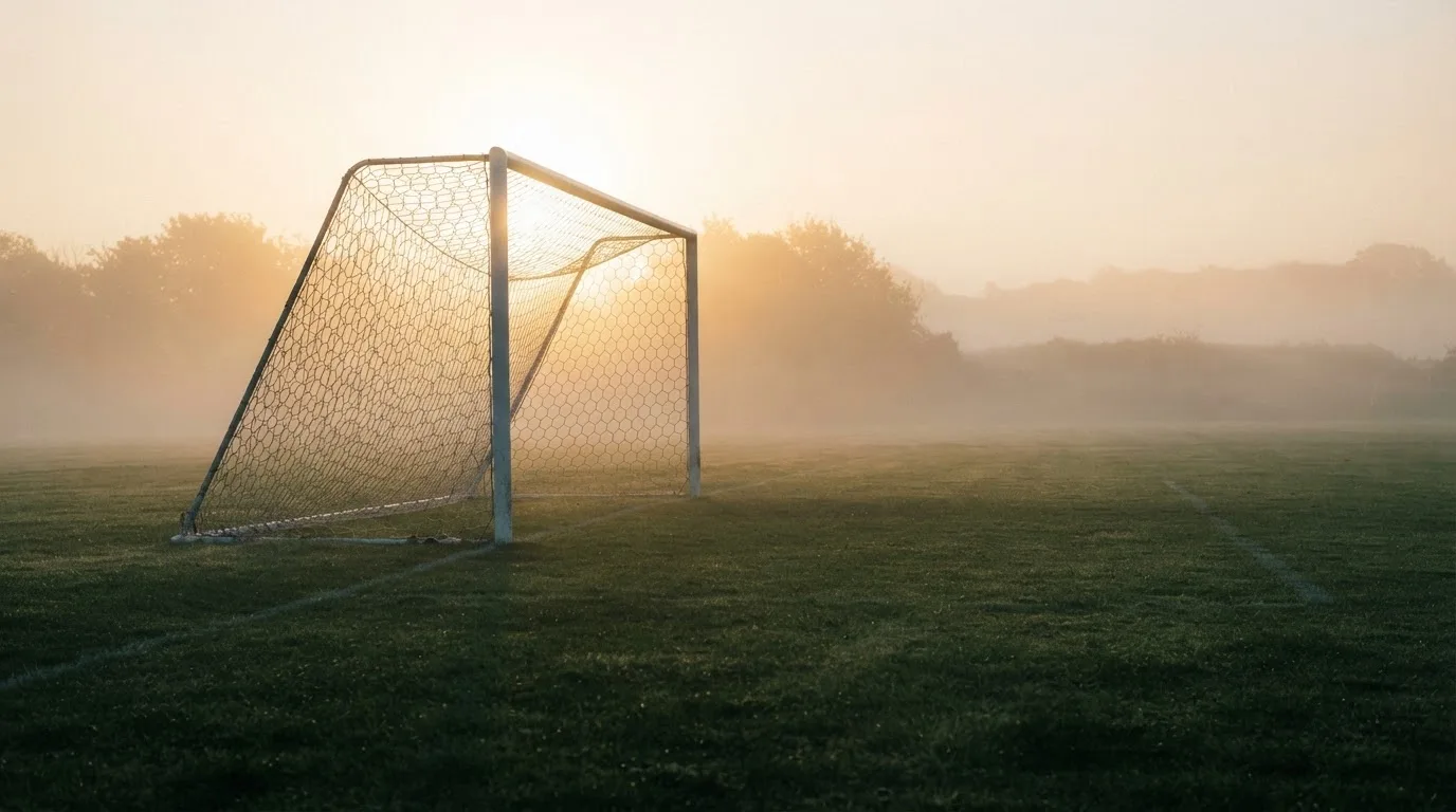 Ein Torpfosten mit Netz steht im Gegenlicht auf einem leeren Fussballplatz, über dem Rasen liegt Nebel.